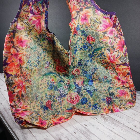 Johnny Was Shopping Tote Blue Pink Floral Reusable Packable 13x17" New - Picture 5 of 7